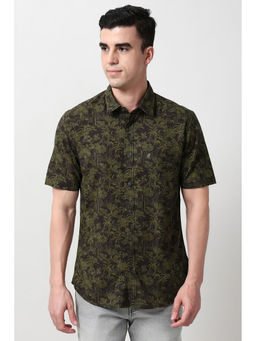 Peter England - Men Green Slim Fit Printed Half Sleeves Casual Shirt