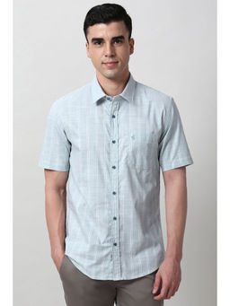 Peter England - Men Light Blue Slim Fit Stripes Half Sleeves Casual Shirt