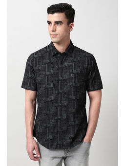 Peter England - Men Black Slim Fit Printed Half Sleeves Casual Shirt