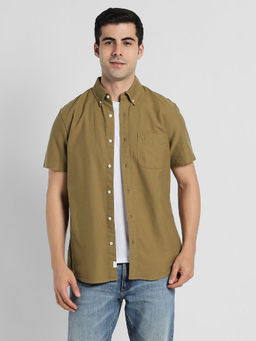 American Eagle - Men Green Olive Short-Sleeve Slim Fit Button-Up Shirt
