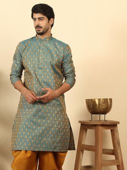 Kraft India - Men Silk Blend Jacquard Paisley Blue Kurta
