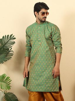 Kraft India - Men Silk Blend Jacquard Paisley Green Kurta