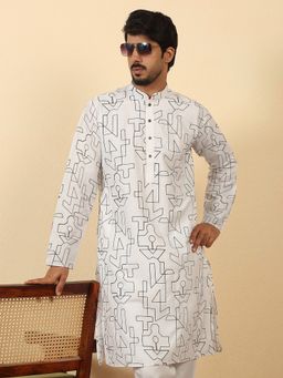 Kraft India - Men White Cotton Abstract Thread Work Embroidered Kurta