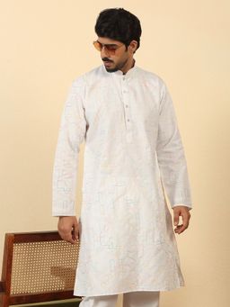 Kraft India - Men White Cotton Abstract Thread Work Embroidered Kurta
