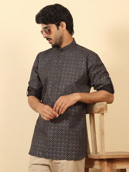 Kraft India - Men Foil Printed Black Roll-Up Sleeves Short Kurta