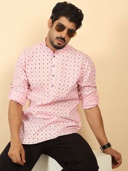 Kraft India - Men Foil Printed Pink Roll-Up Sleeves Short Kurta