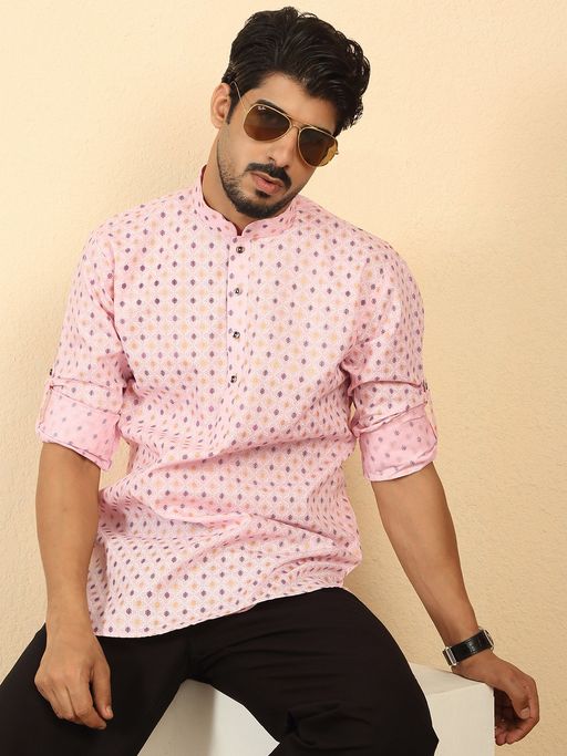 Kraft India Men Foil Printed Pink Roll-Up Sleeves Short Kurta