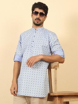 Kraft India - Men Foil Printed Sky Blue Roll-Up Sleeves Short Kurta