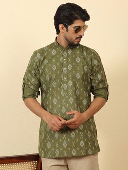 Kraft India - Men Cotton Blend Printed Olive Roll-Up Sleeves Short Kurta