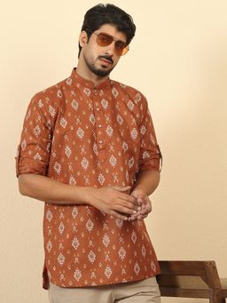 Kraft India - Men Cotton Blend Printed Rust Roll-Up Sleeves Short Kurta