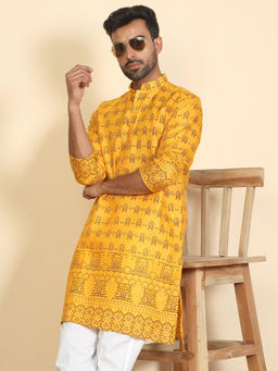 Kraft India - Men Cotton Blend Ethnic Motifs Printed Mustard Kurta
