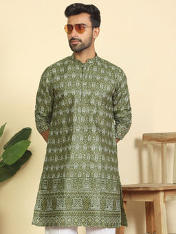 Kraft India - Men Cotton Blend Ethnic Motifs Printed Green Kurta