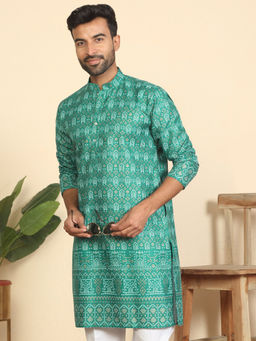 Kraft India - Men Cotton Blend Ethnic Motifs Printed Teal Kurta