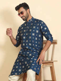 Kraft India - Men Cotton Silk Printed Blue Knee Length Kurta