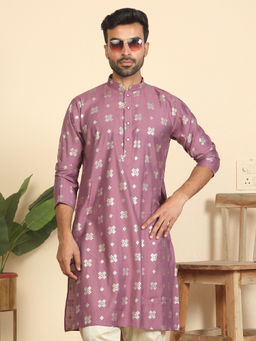 Kraft India - Men Cotton Silk Printed Mauve Knee Length Kurta