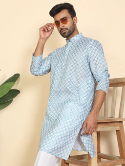 Kraft India - Men Cotton Blend Leaf Prints Blue Knee Length Kurta