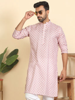 Kraft India - Men Cotton Blend Leaf Prints Pink Knee Length Kurta