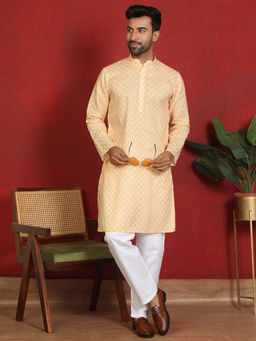 Kraft India - Men Cotton Blend Leaf Prints Yellow Knee Length Kurta