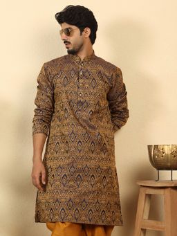 Kraft India - Men Silk Blend Jacquard Paisley Blue Kurta