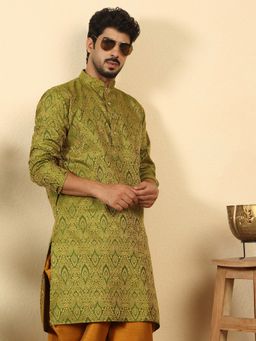Kraft India - Men Silk Blend Jacquard Paisley Green Kurta