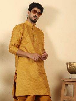 Kraft India - Men Silk Blend Jacquard Paisley Mustard Kurta