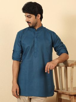 Kraft India - Men Cotton Blend Solid Denim Blue Short Kurta