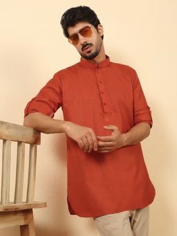 Kraft India - Men Cotton Blend Solid Orange Short Kurta