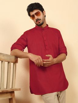 Kraft India - Men Cotton Blend Solid Red Short Kurta