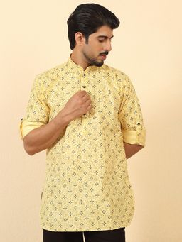Kraft India - Men Cotton Blend Printed Yellow Roll-Up Sleeves Short Kurta