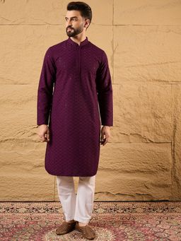 ETHNIC BAY - Men Purple Viscose Rayon Embroidered Straight Kurta and Pyjama