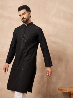 ETHNIC BAY - Men Black Viscose Rayon Embroidered Kurta and Pyjama