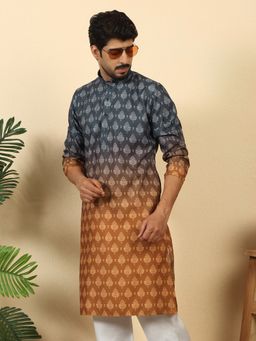 Kraft India - Men Ombre Printed Mandarin Collar Straight Mustard Kurta