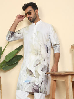 Kraft India - Men Leaf Printed Cotton Blend Straight White Kurta
