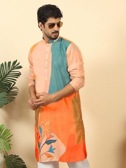 Kraft India - Men Floral Printed Mandarin Collar Long Sleeve Straight Beige Kurta