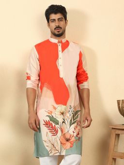 Kraft India - Men Floral Printed Mandarin Collar Long Sleeve Straight Orange Kurta