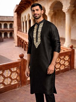 Vastramay - Black Embroidered Mandarin Neck Kurta
