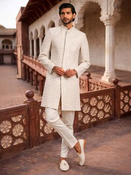 Vastramay - Off White Rayon Mandarin Neck Mid Waist Sherwani With Pant