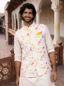 Vastramay - Men Cream Floral Nehru Jacket