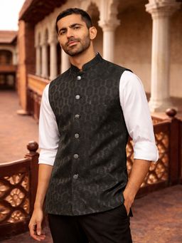 Vastramay - Men Black Silk Nehru Jacket Premium Jacquard Ethnic Festive Party Wear