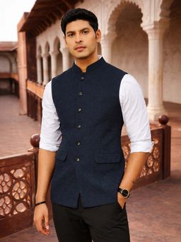 Vastramay - Men Navy Blue Nehru Jacket