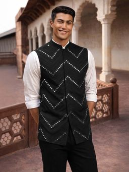 Vastramay - Men Black Mirror Work Nehru Jacket