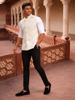 Vastramay - Men Cream Mirror Work Nehru Jacket