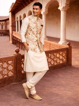 Vastramay - Cream Viscose Kurta and Churidar with Nehru Jacket