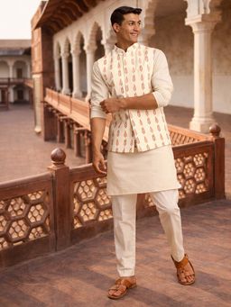 Vastramay - Cream Cotton Kurta and Churidar with Nehru Jacket
