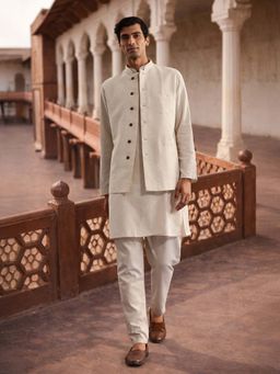 Vastramay - Cream Cotton Kurta and Pyjama with Nehru Jacket