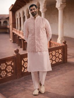 Vastramay - Pink Viscose Blend Kurta and Pyjama with Nehru Jacket