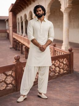 Vastramay - Cream Viscose Collar Neck Pathani Kurta and Patiala