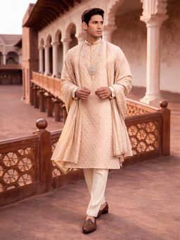 Vastramay - Peach Silk Blend Kurta and Pyjama with Dupatta