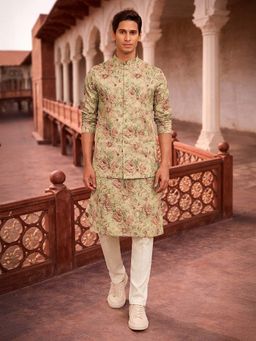 Vastramay - Beige Silk Blend Kurta and Pyjama with Nehru Jacket