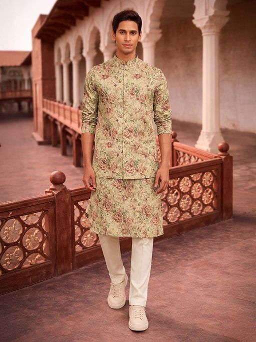 Vastramay Beige Silk Blend Kurta and Pyjama with Nehru Jacket
